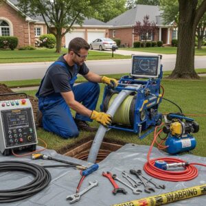 Plumber performing sewer pipe relining using trenchless technology in a residential area