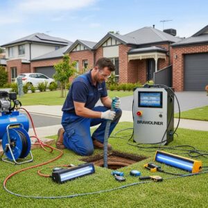 Plumber performing trenchless sewer pipe relining in a residential Melbourne setting