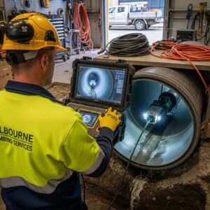 CCTV drain inspection technology in use, highlighting a technician assessing a drainage pipe