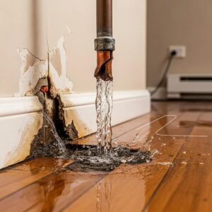 Close-up of a burst pipe causing water damage in a Melbourne home