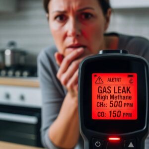 Close-up of a gas detector with a concerned homeowner in the background