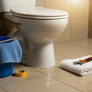 Close-up of a leaking toilet with water pooling around its base