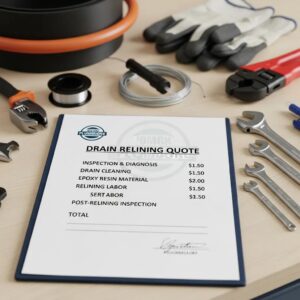 Close-up of plumbing quote document with tools, highlighting cost factors for drain relining