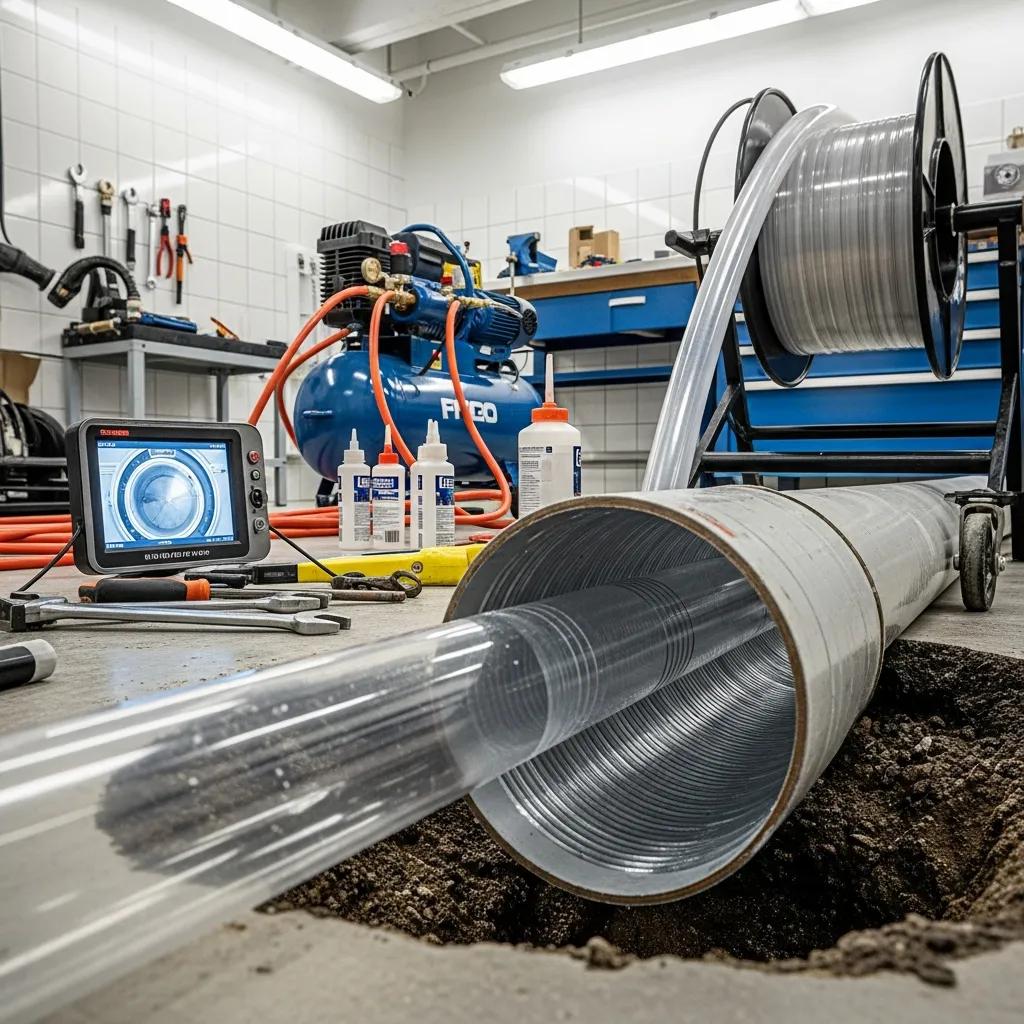 Close-up of trenchless drain relining technology in action, highlighting the inflation of a resin-coated liner inside a pipe