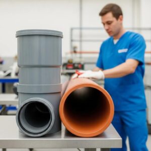 Comparison of PVC and clay pipes in a plumbing workshop, highlighting their textures and colors