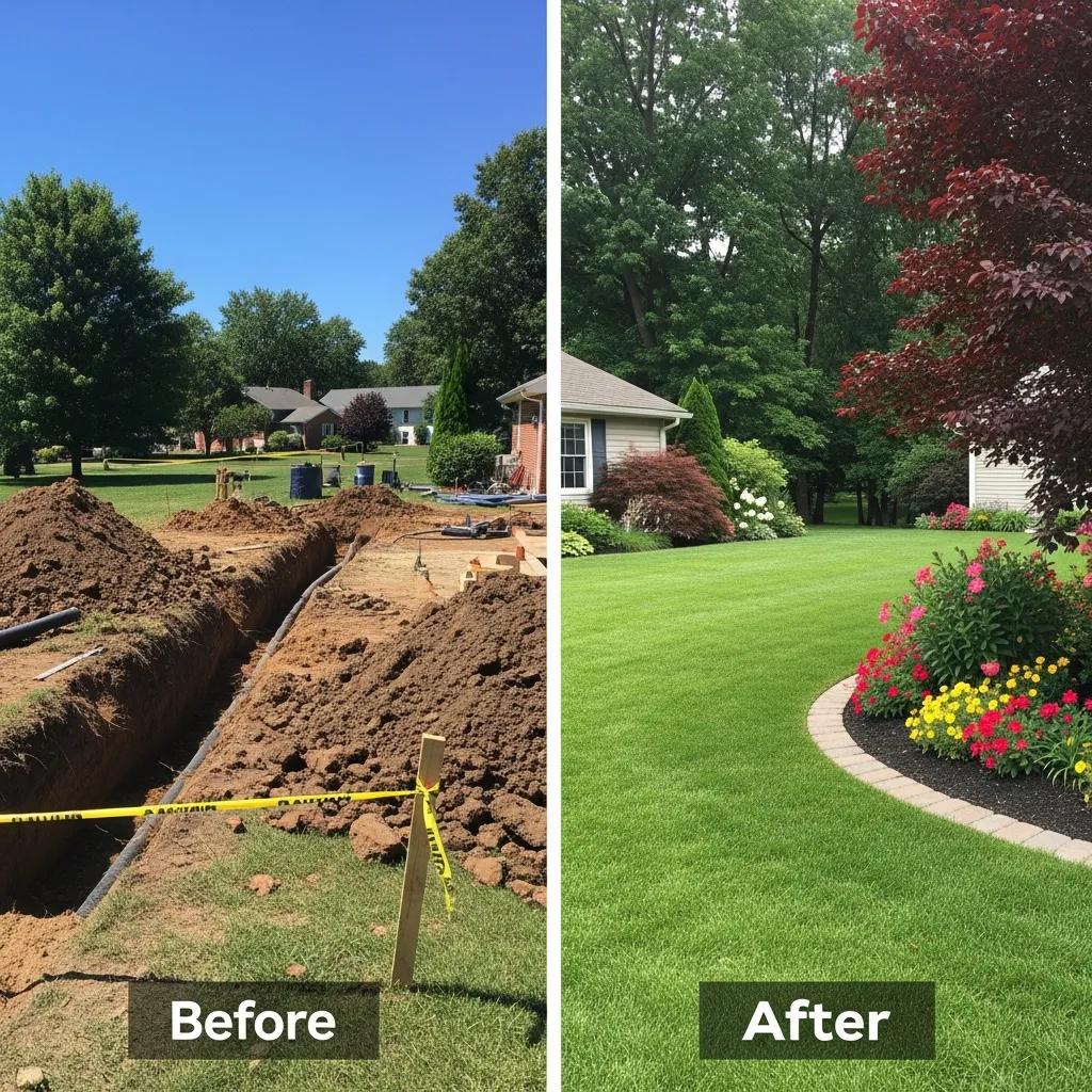 Comparison of yard before and after no dig sewer repair, showcasing minimal disruption