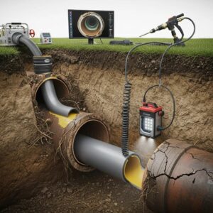 Cross-section of a pipe showing the no-dig repair process with resin liner and tools