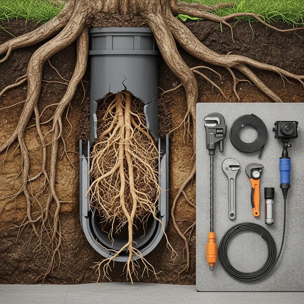 Cross-section of a residential drain showing tree root intrusion and blockages