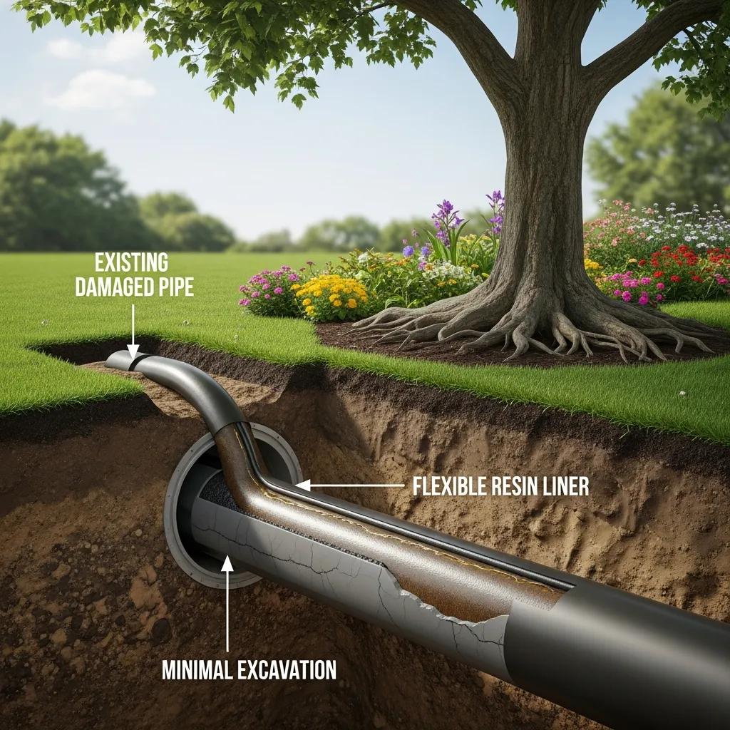 Cross-section of trenchless technology showing flexible liner insertion in a pipe, preserving surrounding landscaping