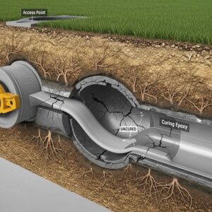 Cross-section view of pipe relining process showing epoxy liner installation