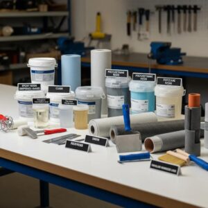 Different types of drain lining materials including epoxy and polyurethane resins in a workshop
