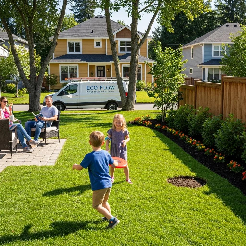 Happy family enjoying their yard after a trenchless pipe repair, showcasing minimal disruption