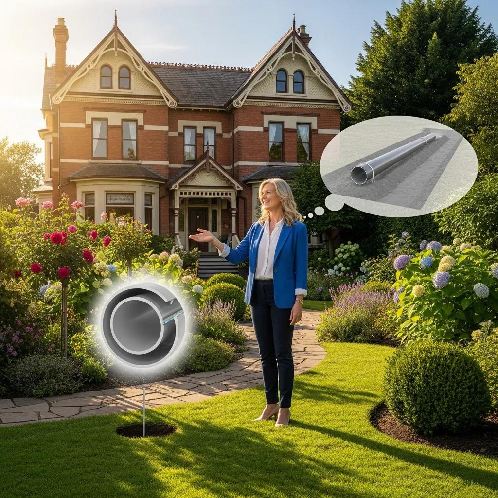 Homeowner inspecting their heritage home after successful drain relining, showcasing preserved landscaping