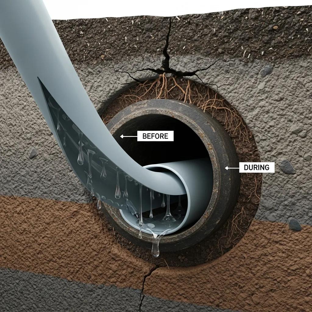 Illustration of trenchless pipe repair process with resin-coated liner being inserted into a pipe