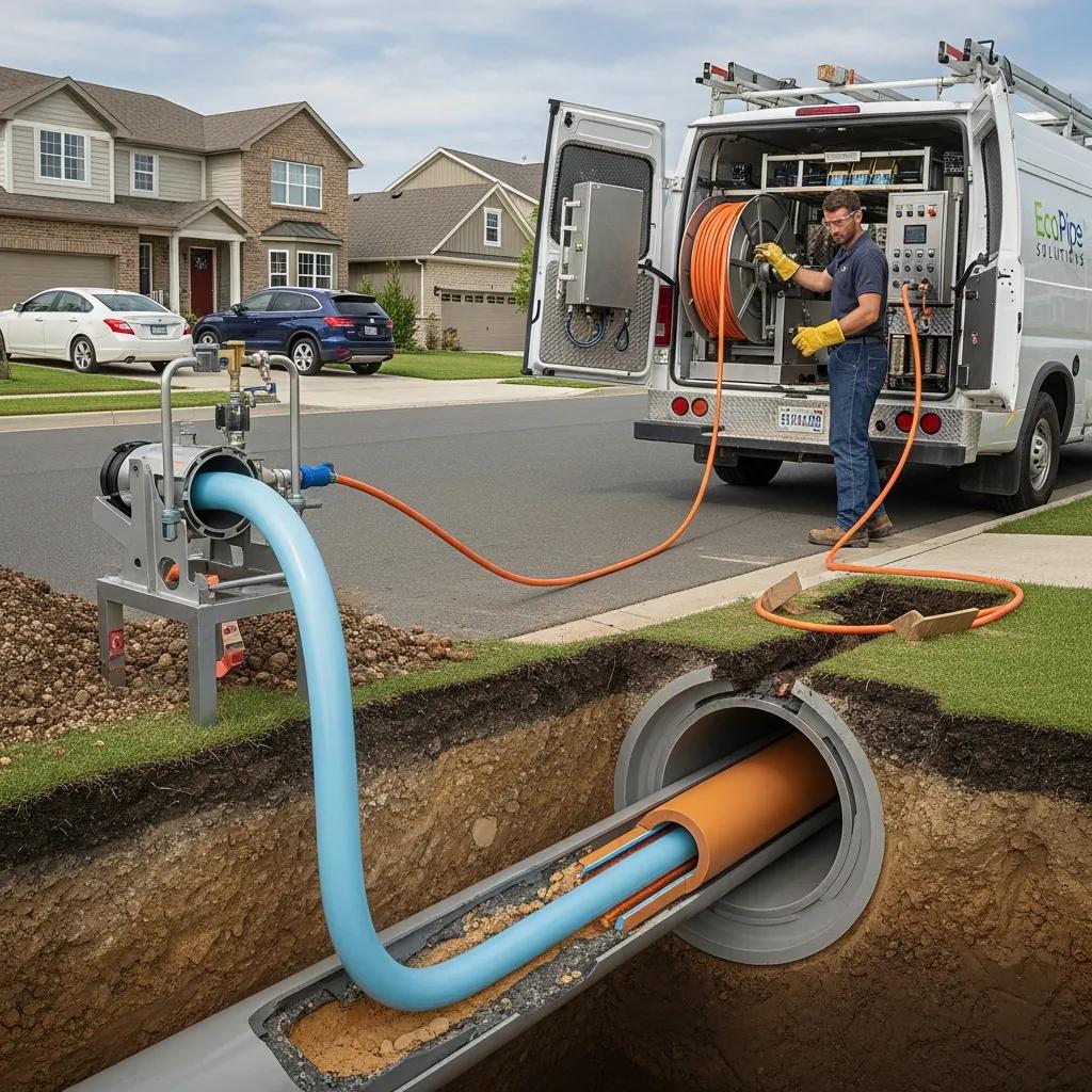 Illustration of trenchless pipe repair process with resin-coated liner in a residential setting