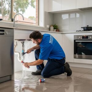 Plumber repairing a burst pipe in a Melbourne home, showcasing emergency plumbing services