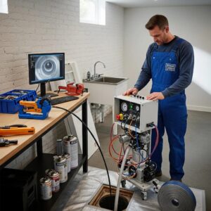 Plumber using trenchless technology for drain relining in a residential area