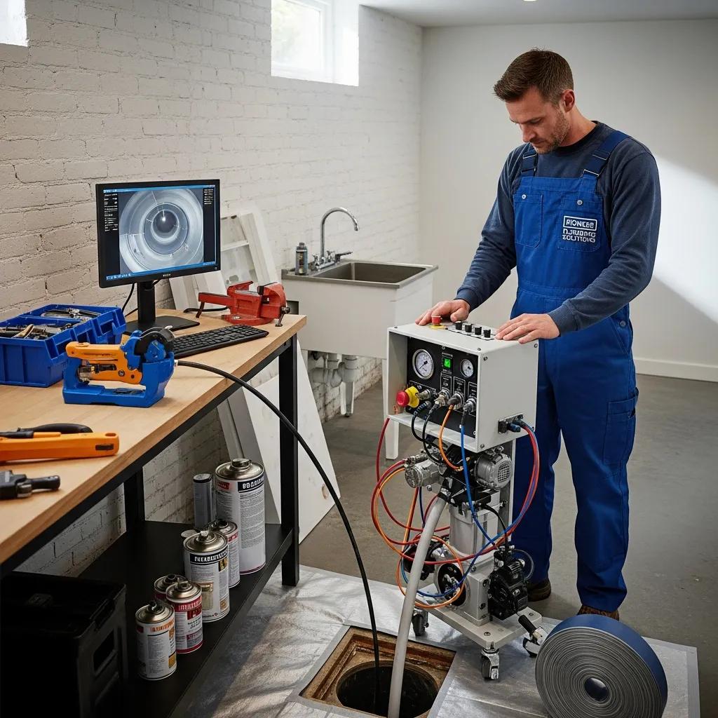 Plumber using trenchless technology for drain relining in a residential area