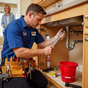 Professional plumber addressing an emergency plumbing issue in a Melbourne home