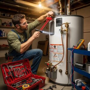 Professional plumber repairing a hot water system in a residential setting, emphasizing emergency repair services