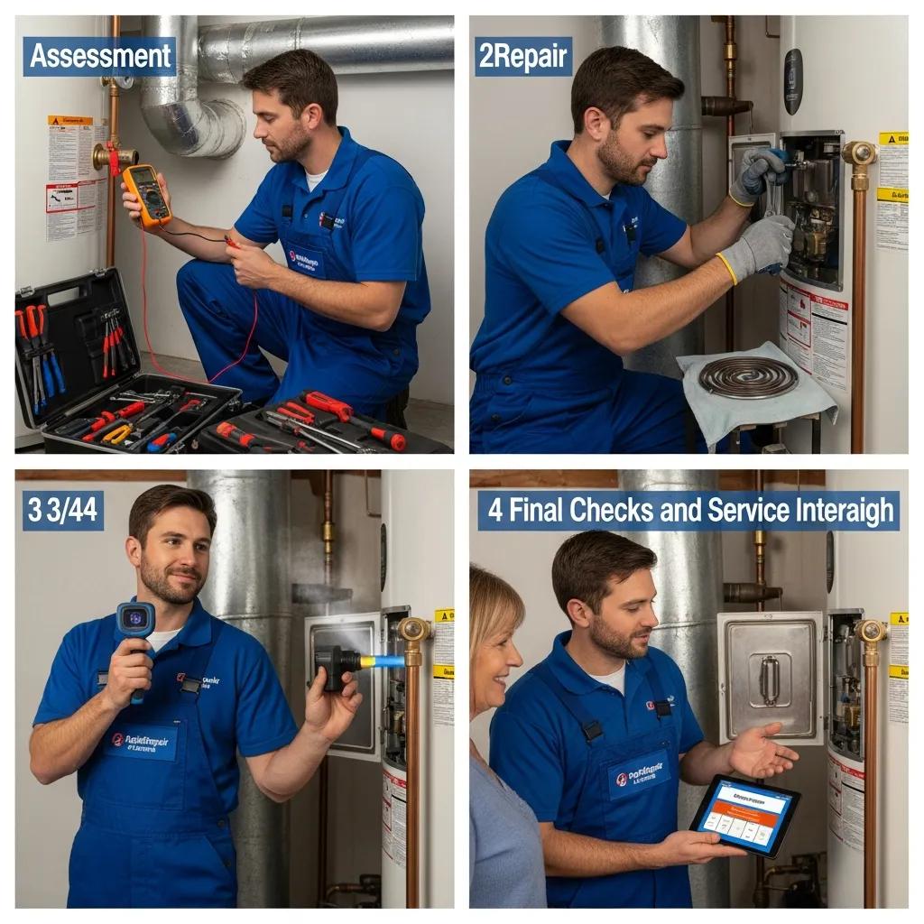 Technician performing step-by-step emergency hot water repair process, showcasing assessment, repair, and final checks