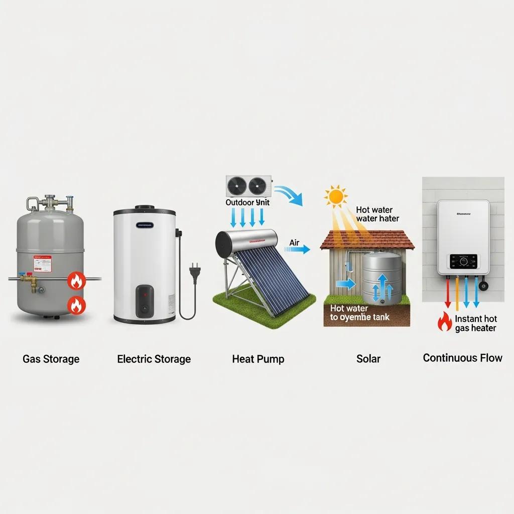 Various types of hot water systems including gas, electric, heat pump, solar, and continuous flow, illustrating their distinct features
