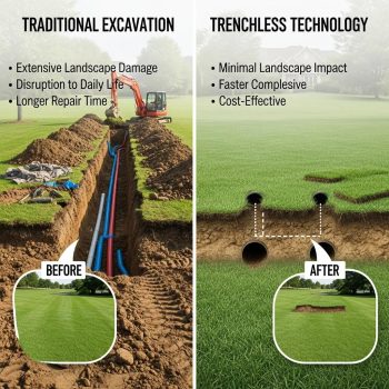 Comparison of traditional excavation versus trenchless technology for pipe repair, highlighting minimal disruption