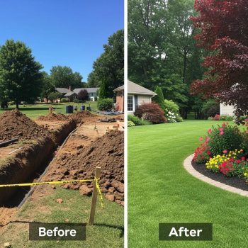 Comparison of yard before and after no dig sewer repair, showcasing minimal disruption