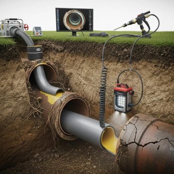 Cross-section of a pipe showing the no-dig repair process with resin liner and tools