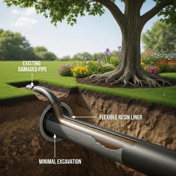 Cross-section of trenchless technology showing flexible liner insertion in a pipe, preserving surrounding landscaping
