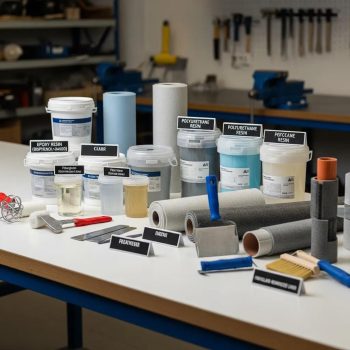 Different types of drain lining materials including epoxy and polyurethane resins in a workshop