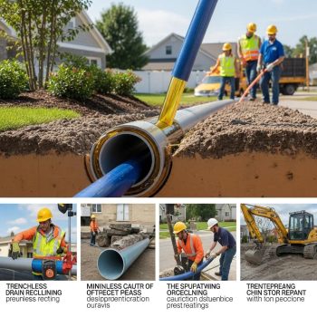 Illustration of trenchless drain relining process with minimal disruption to the surrounding area