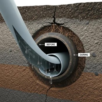 Illustration of trenchless pipe repair process with resin-coated liner being inserted into a pipe