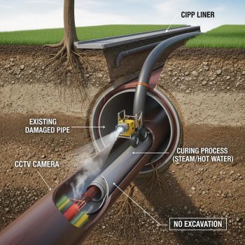 Illustration of trenchless pipe repair process with underground pipes and technology