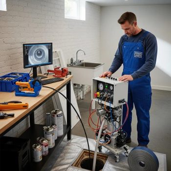 Plumber using trenchless technology for drain relining in a residential area